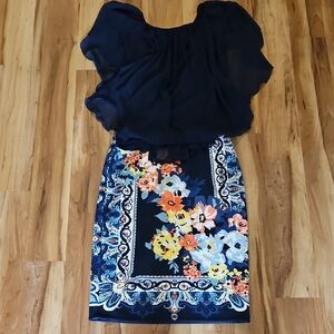 Floral Print Skirt with Navy Blue Blouse